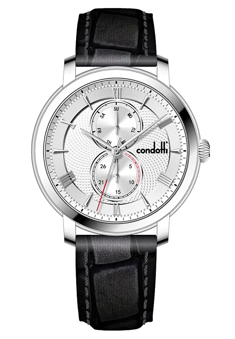 Condotti Sollecito - Jam Tangan Analog Pria - Silver - Black Leather Strap - CN1091-S02-L03