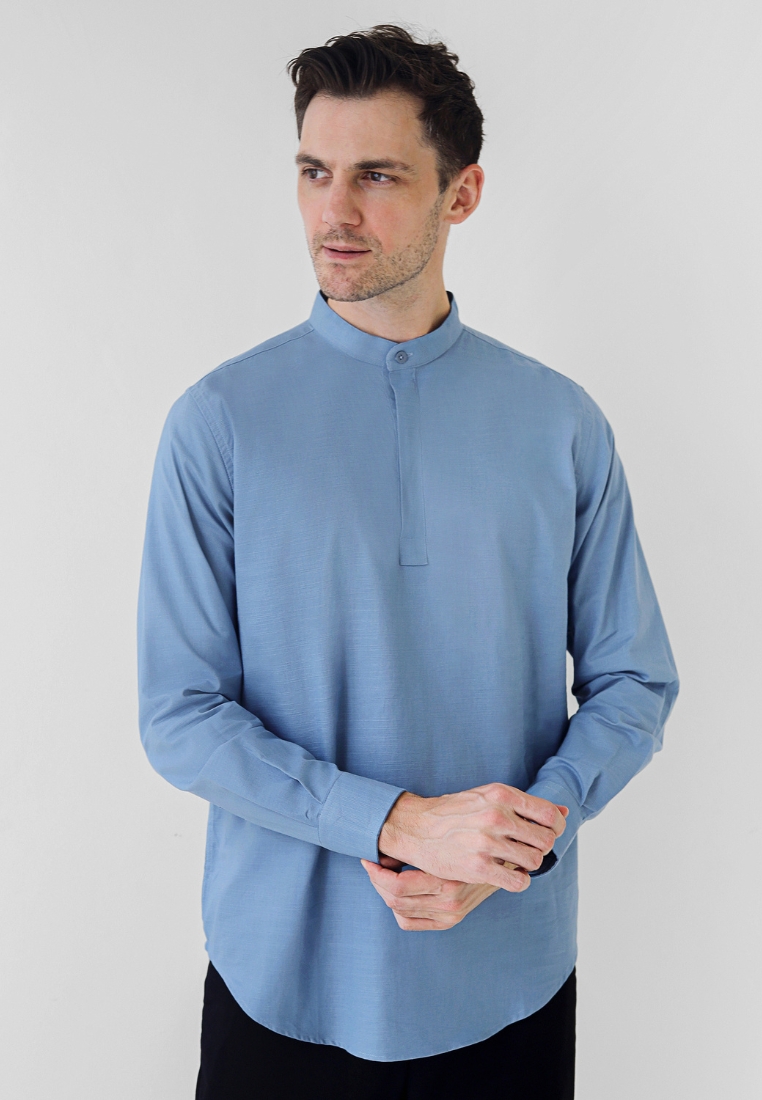 Cotton Well Oman Henley Shirt Blue βKemeja Koko Basic Lengan Panjang Biru