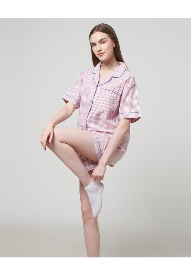 COTTONBEE One Set Piyama Katun Celana Pendek Lengan Pendek - Gingham Coral Tree