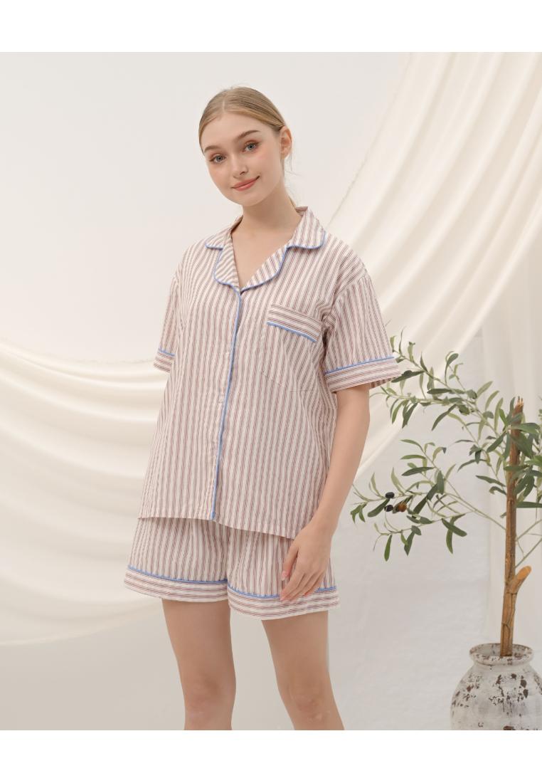 COTTONBEE Set Piyama Katun Celana Pendek - Stripe Coral Tree | Sleepwear Wanita