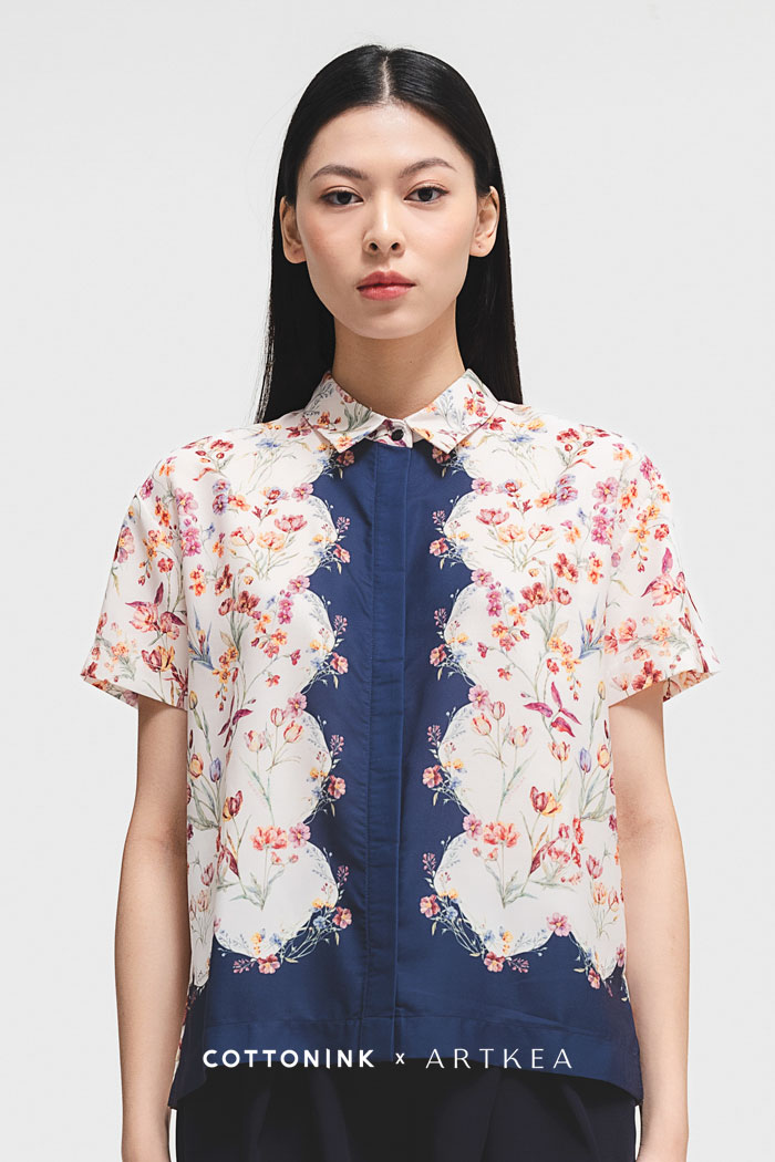 COTTONINK X Artkea - Atasan Kemeja Wanita Navy Samarra