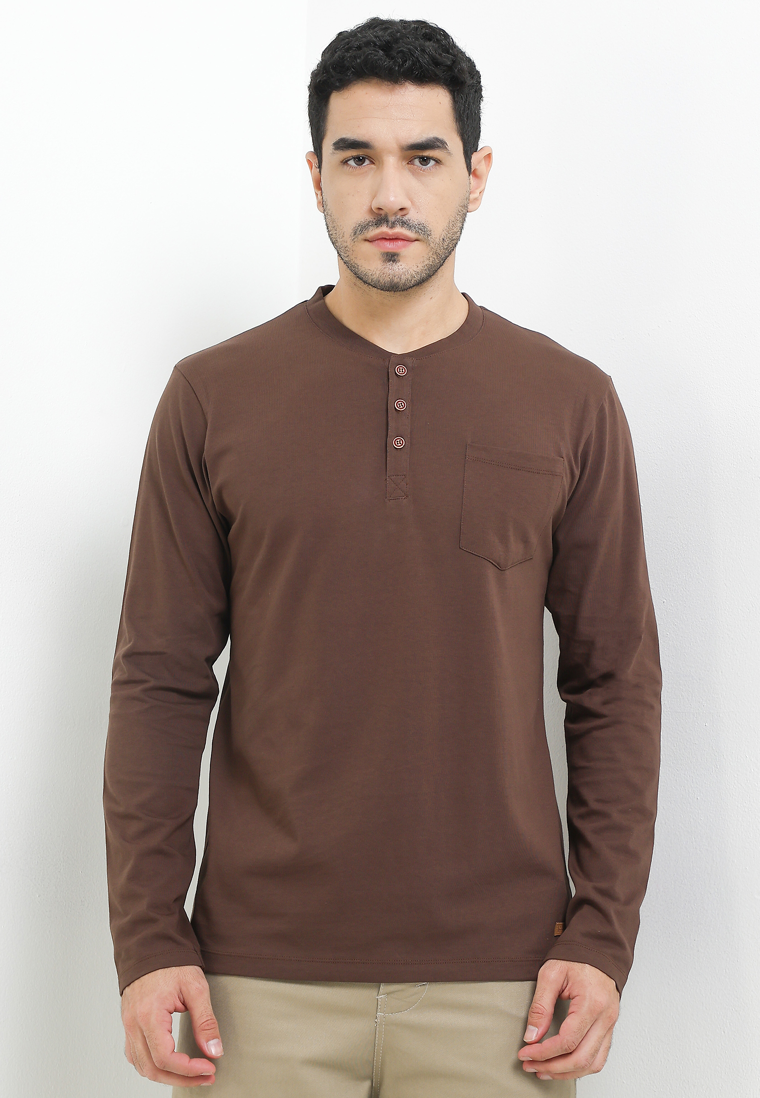 Cressida Henley Pocket T-Shirt Longsleeve Brown - K069C