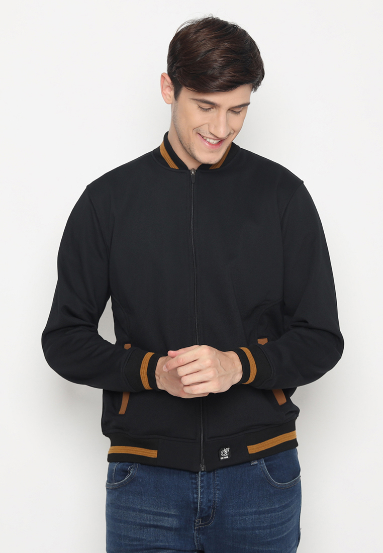 D&F Jaket Bomber Pria - Black Cut & Sewn List Brown