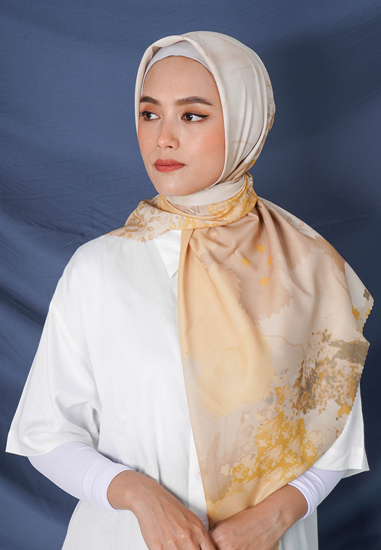 DAW Project WK006 LP37A kerudung segi empat voal Penelope series bunga kuning abu
