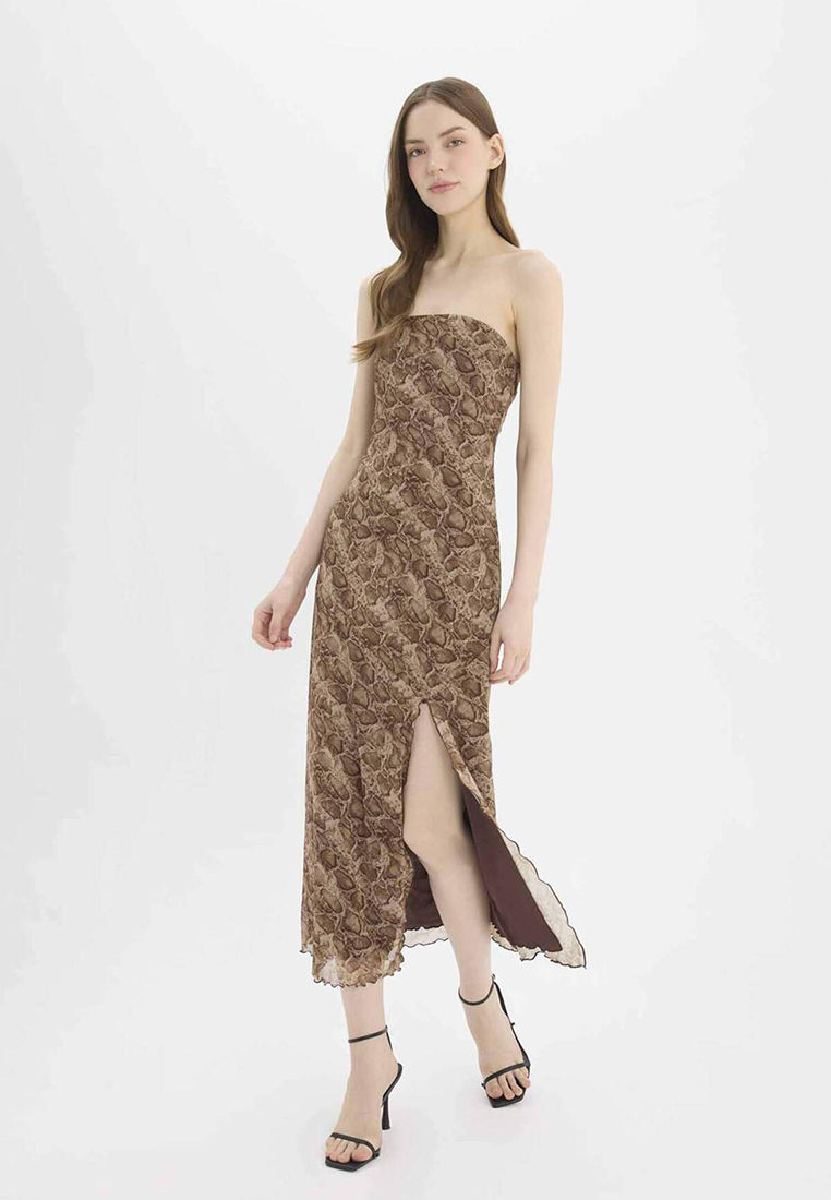 DeFacto A-Line Strapless Animal Print Tulle Sleeveless Maxi Dress E0485Ax25Sm