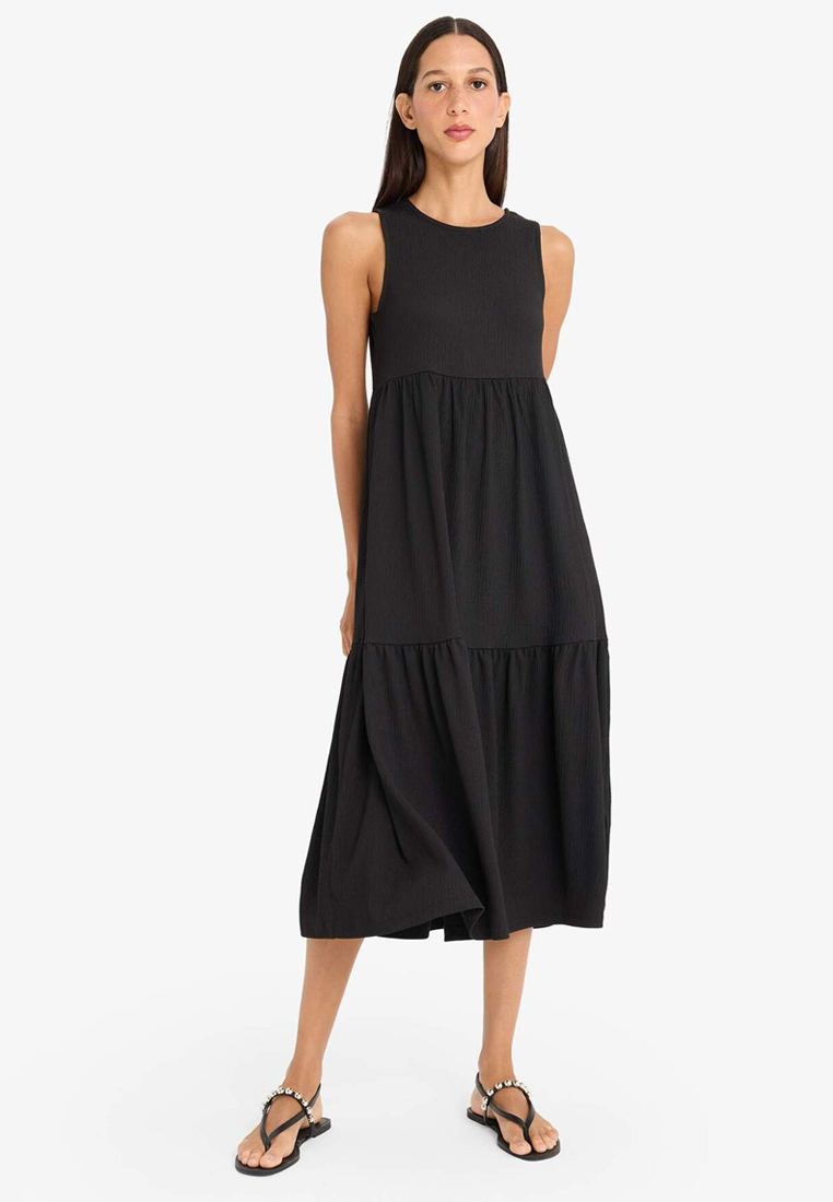 DeFacto Crew Neck Wrinkle Sleeveless Midi Black Summer Dress A8841Ax25Sm