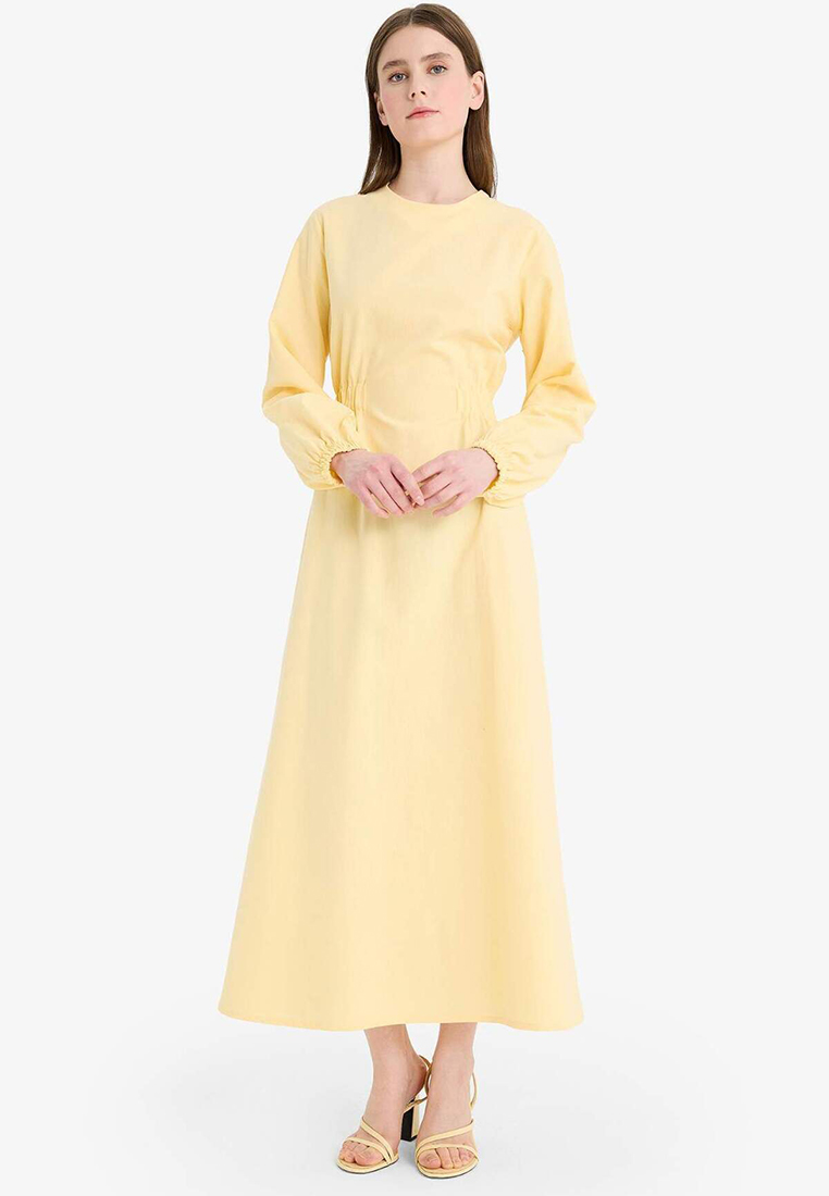 DeFacto Relax Fit Crew Neck Linen Blend Long Sleeve Maxi Dress F1342Ax25Sm
