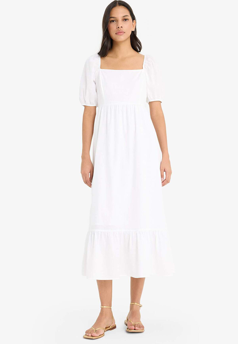 DeFacto Square Neck Poplin Short Sleeve Maxi White Summer Dress