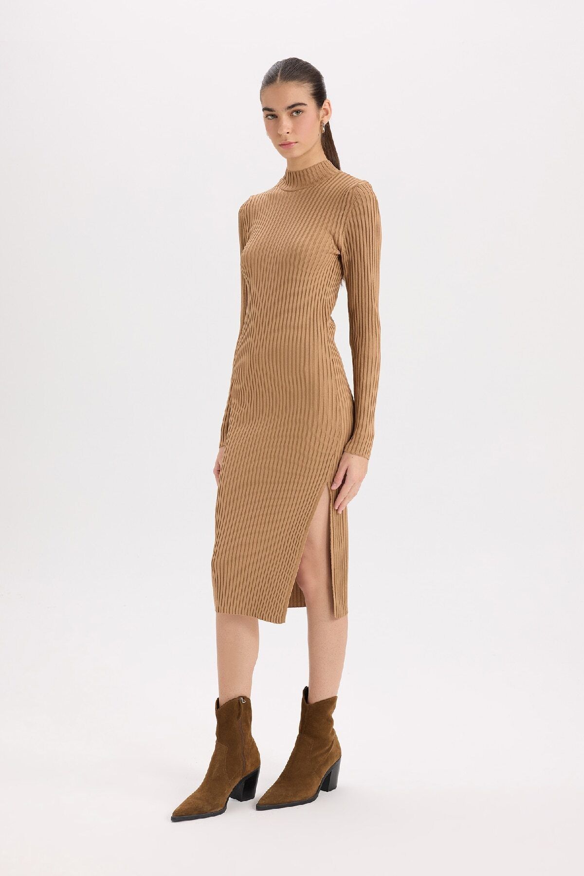 DeFacto Fitted Body Hugging Half Turtleneck Basic Solid Long Sleeve Knitwear Dress