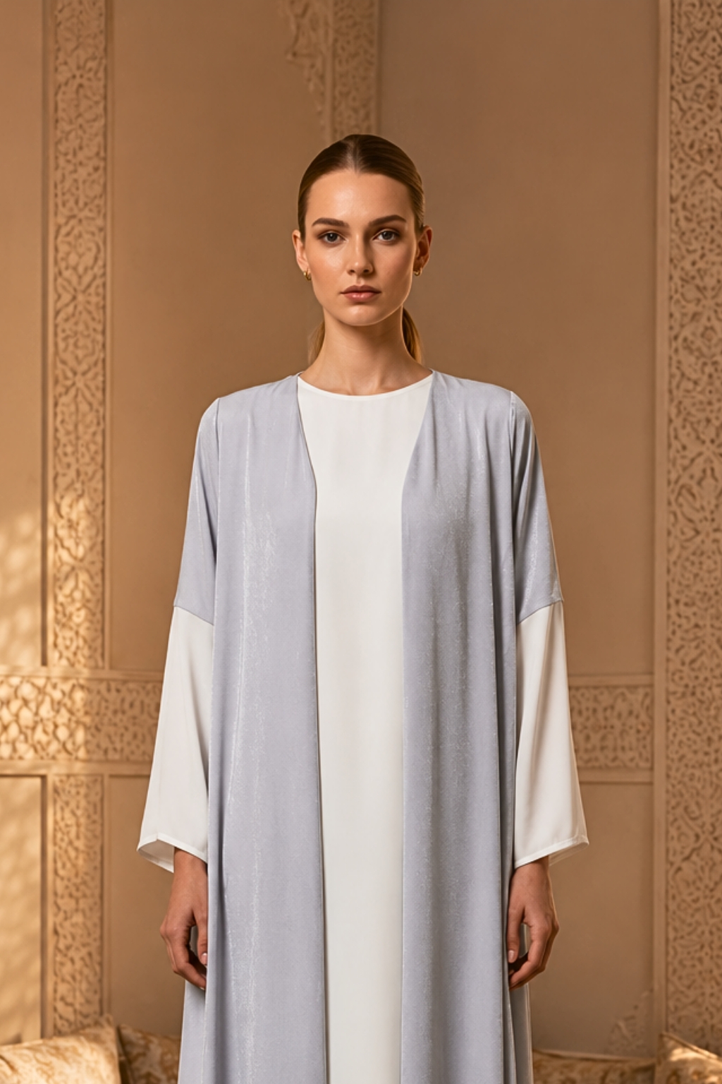 Demure & Co Demure Studio Jana Open Abaya Wanita Premium – Silver | Modern Daily Wear Modest Outer