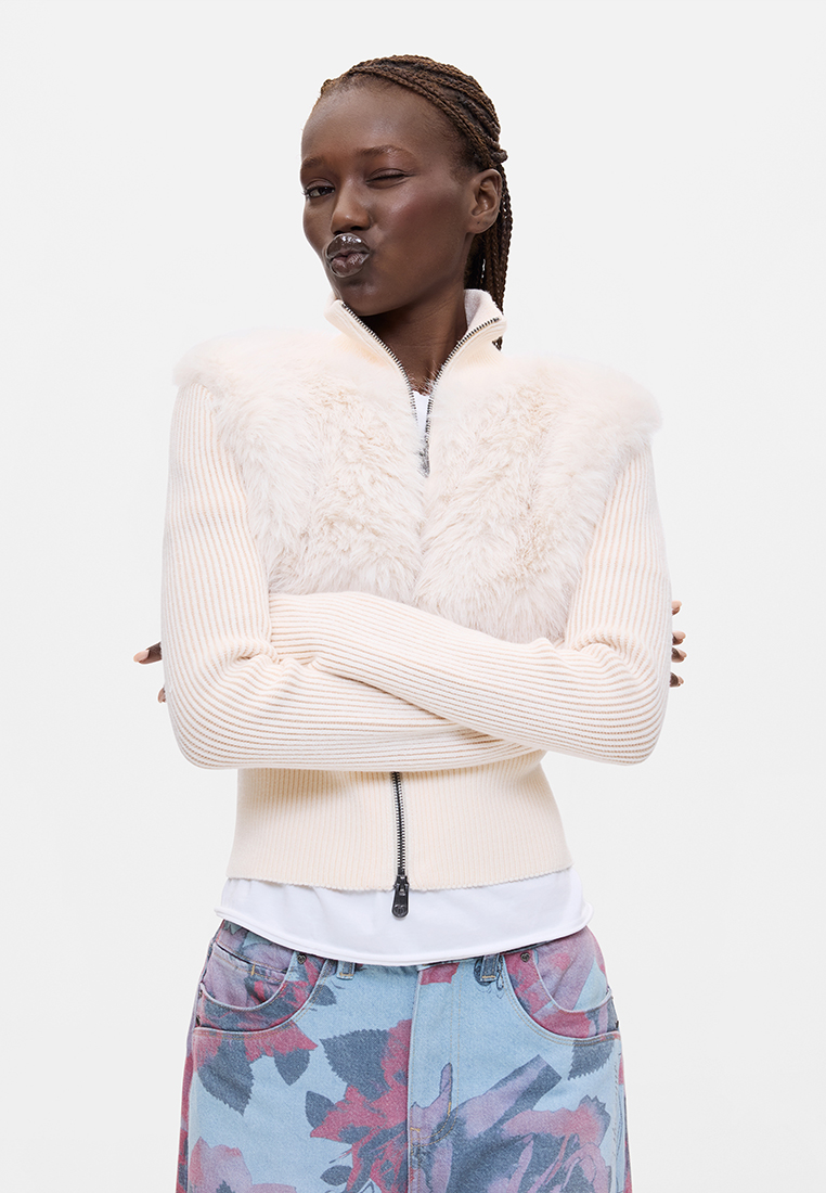 Desigual Cropped Fuzzy Knit Zip-Up Sweater