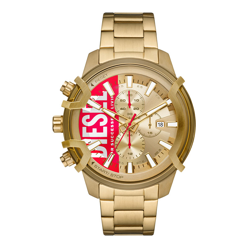 Diesel Jam Tangan Pria Diesel Griffed DZ4595 Chronograph Gold Dial Gold Stainless Steel Strap