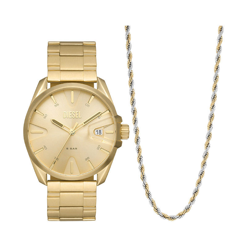 Diesel Jam Tangan Pria Diesel MS9 DZ2163SET Men Gold Dial Gold Stainless Steel Strap + Extra Necklac