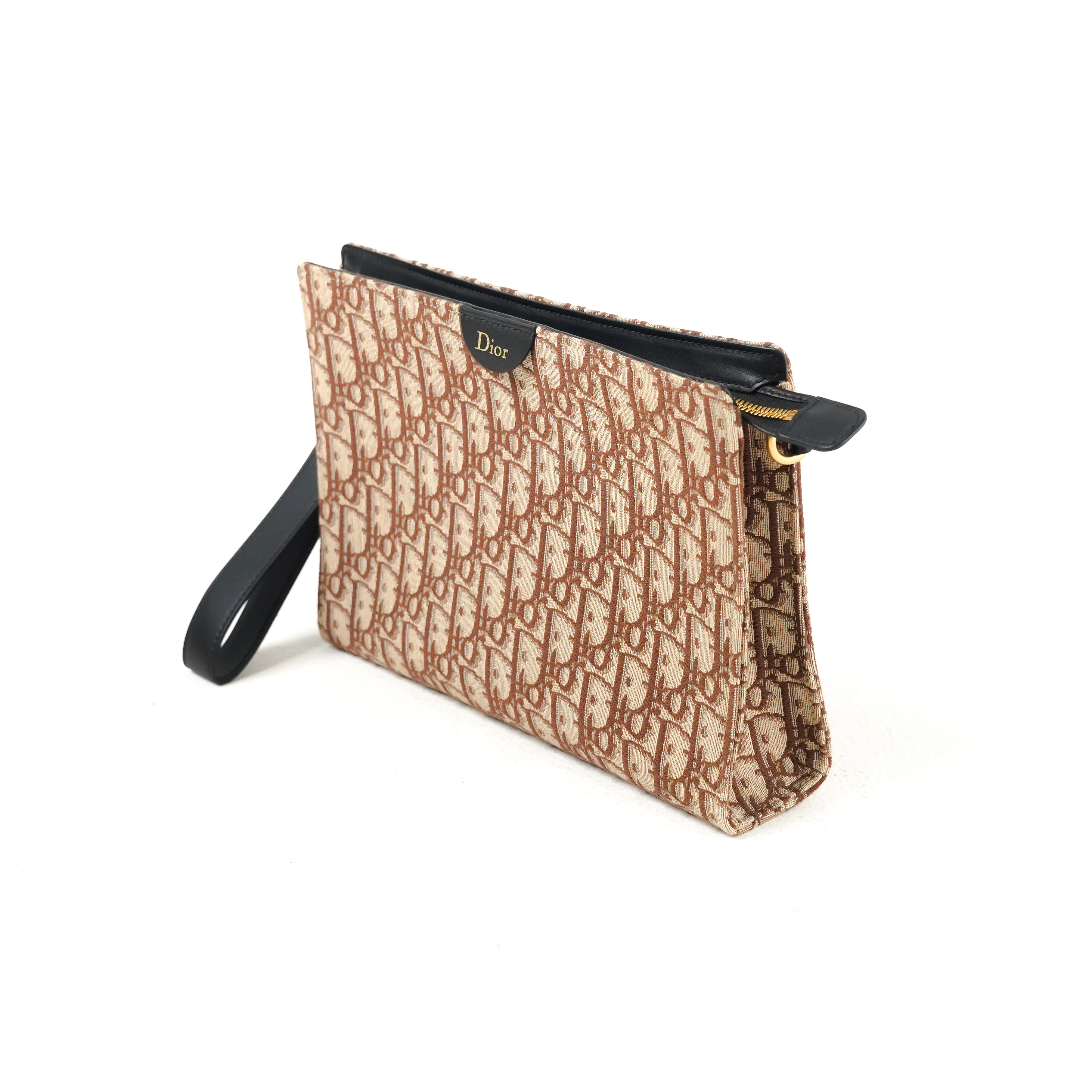 Dior Tas CHRISTIAN DIOR OBLIQUE BROWN TRIANGLE CLUTCH WITH HANDLE 100% ORIGINAL