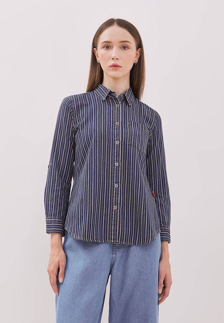 DUST Kemeja Denim Ansel Garis Biru Tua (D.116488)