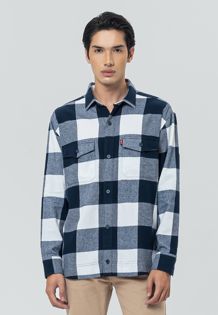 Edwin Jeans BASTIEN - NAVY WHITE Kemeja Flanel Casual Pria Lengan Panjang LS Top Man Shirt