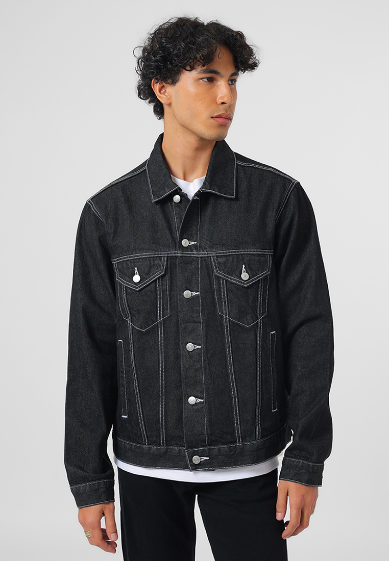 Edwin Jeans Jacket Denim Trucker Relaxed Fit Black Rinsed
