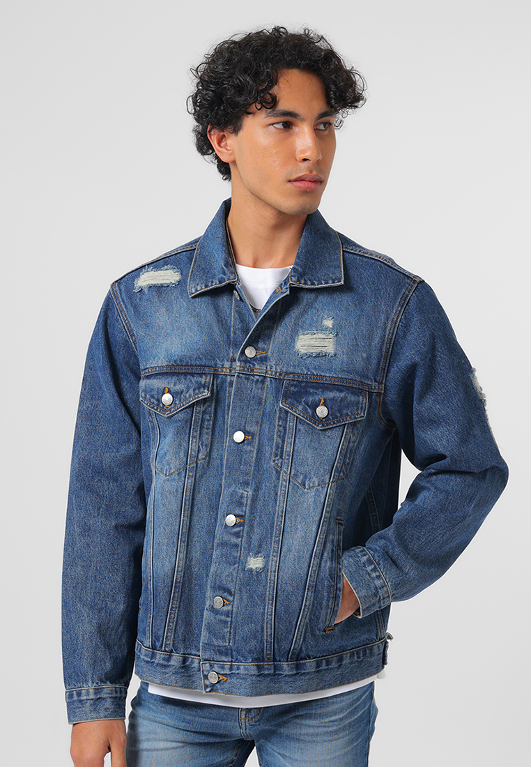 Edwin Jeans Jacket Denim Trucker Relaxed Fit Light Blue Distress