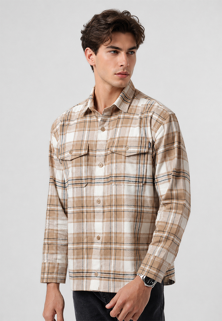 Edwin Jeans MELVINS - BEIGE Kemeja Flannel Pria Motif Kotak-Kotak Lengan Panjang Relaxed Fit