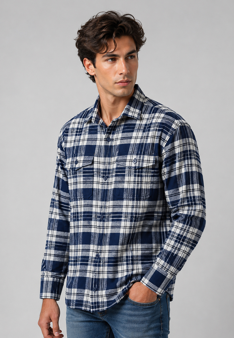 Edwin Jeans MELVINS - NAVY Kemeja Flannel Pria Motif Kotak-Kotak Lengan Panjang Relaxed Fit