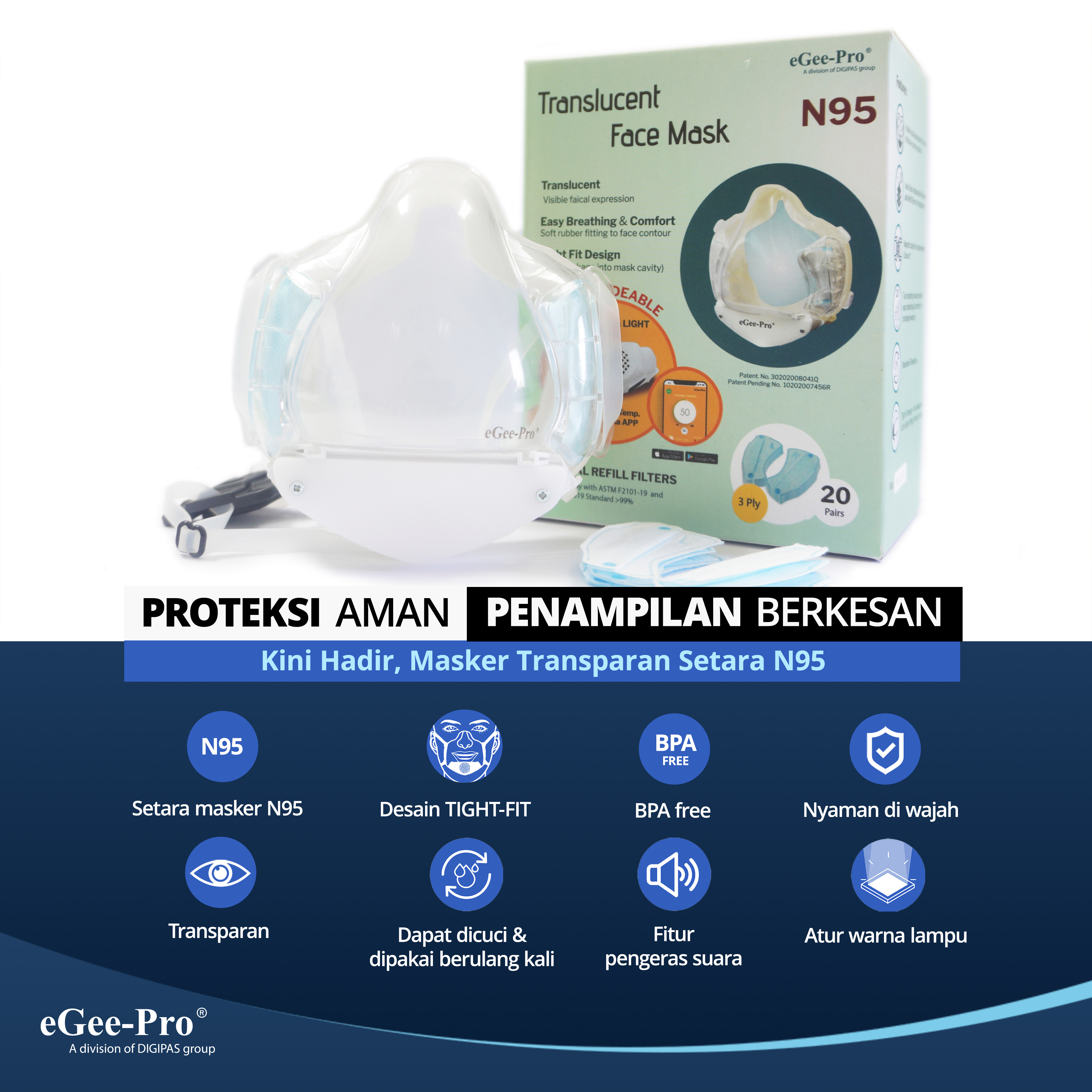 eGee-Pro Masker N95 GRADE eGeePro GP 980 TRANSLUCENT ( UN MIC )