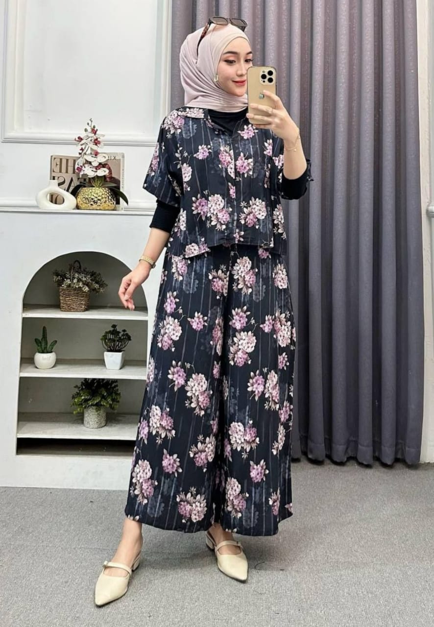 Elegant Batik Setelan Kulot Crop Jumbo Hitam Bunga Ungu Premium Modern MYA