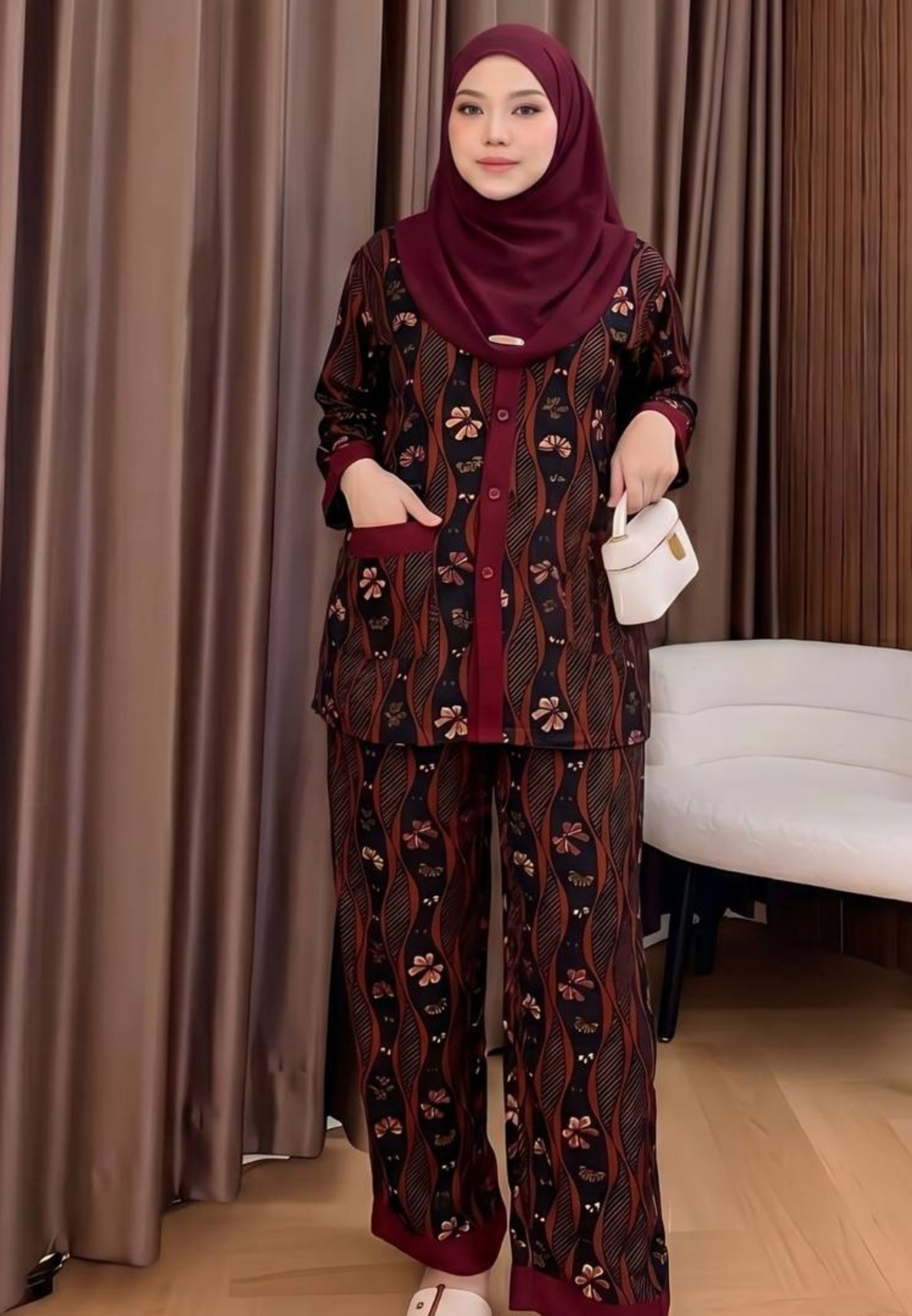 Elegant Batik Bergo Rafika Maron Setelan Celana Premium Modern NAN