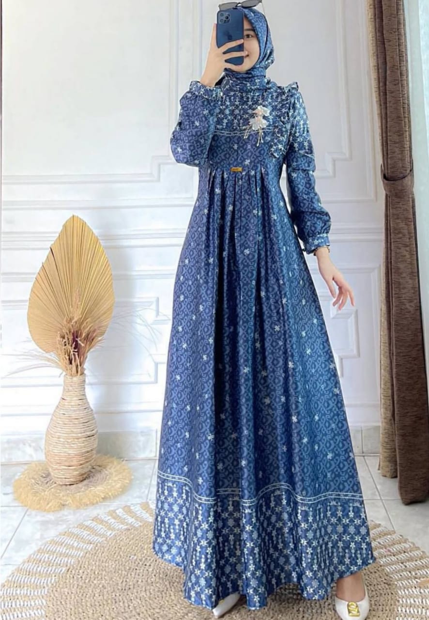 Elegant Batik Vhalisa Navy Dress | Long Dress | Gamis Premium MYA