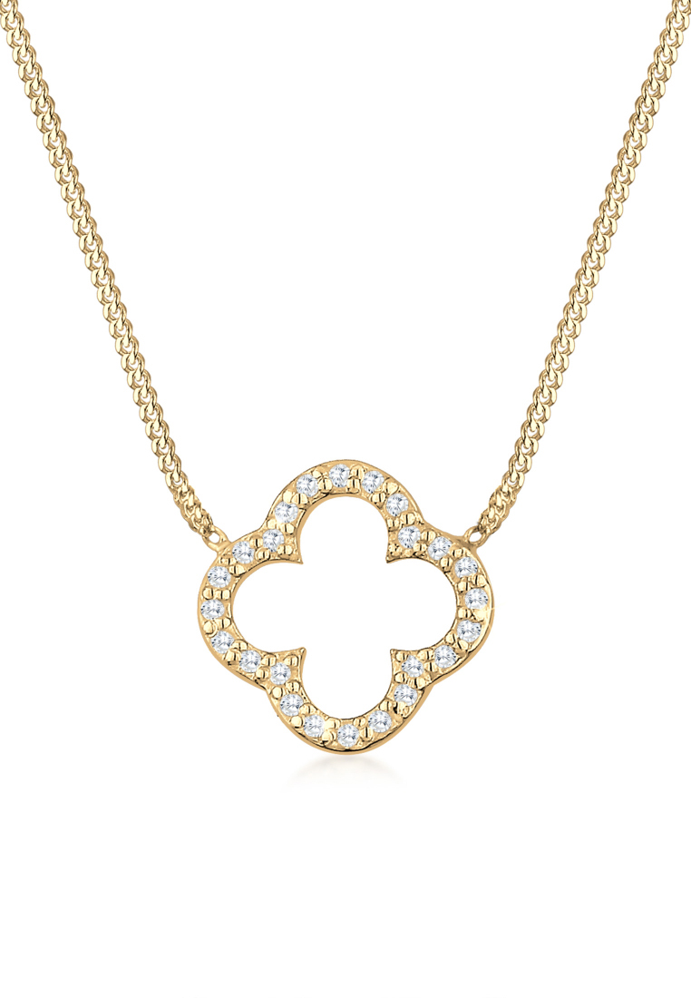 ELLI GERMANY Kalung Necklace Perak 925 Lapis Emas Wanita Cloverleaf Zirconia Putih