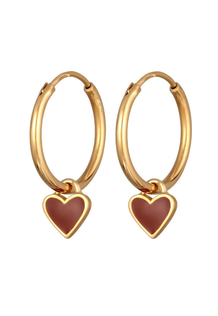 Elli Jewelry Anting Hoops Earrings Perak 925 Lapis Emas Wanita Hati Enamel Merah