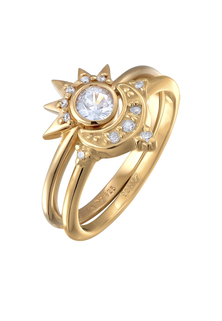 Elli Jewelry Set Cincin Ring Perak 925 Lapis Emas Wanita Bulan Matahari Zirconia