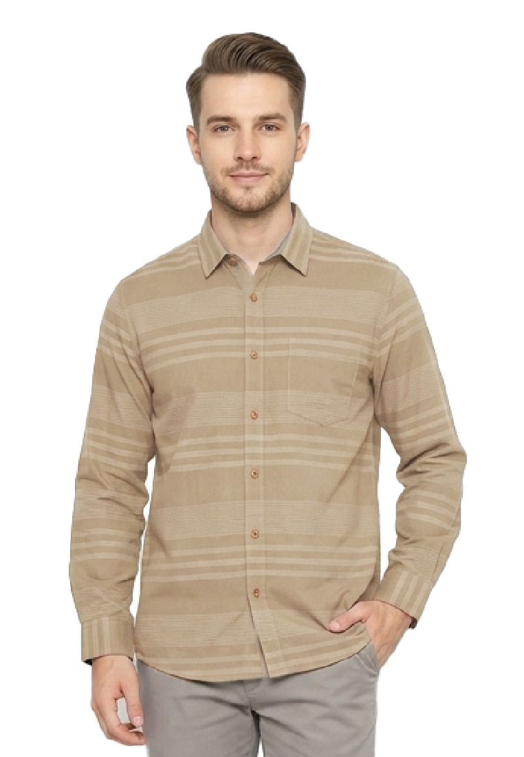 Emba Jeans Emba Denim - Julius One Kemeja Pria Lengan Panjang Regular Motif Stripe Khaki