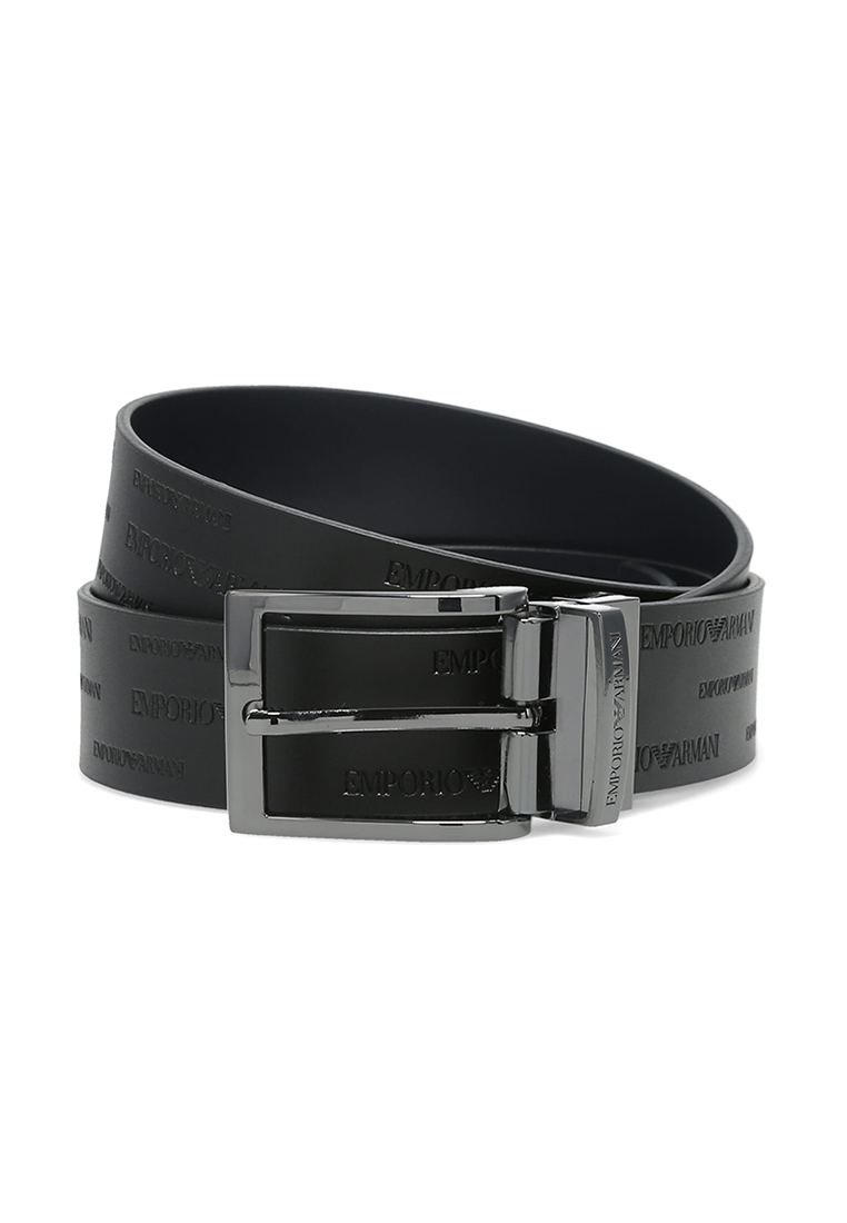 Emporio Armani Reversible Leather Belt with All-over Embossed Lettering in Black Y4S426 YTU5J