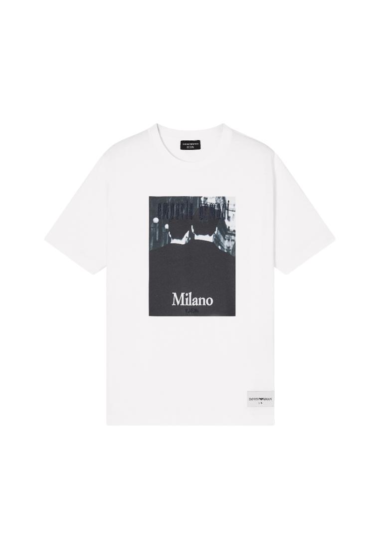 Emporio Armani Icon Jersey T-Shirt with Milano Photographic Print and Embroidery White