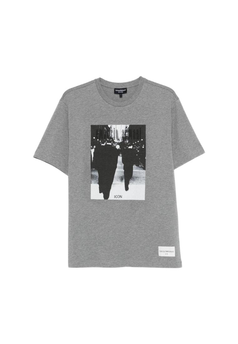 Emporio Armani Icon Jersey T-Shirt with Icon Photographic Print and Embroidery Grey