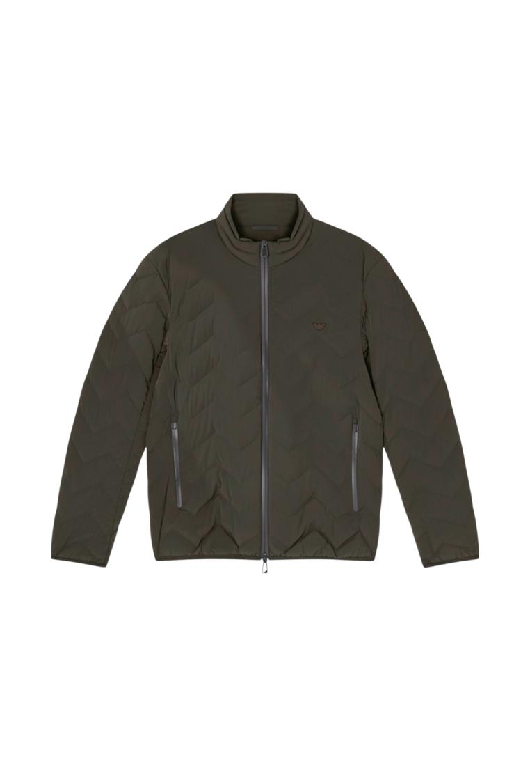 Emporio Armani Nylon Down Jacket with Zip and Chevron Quilting Essential Brown