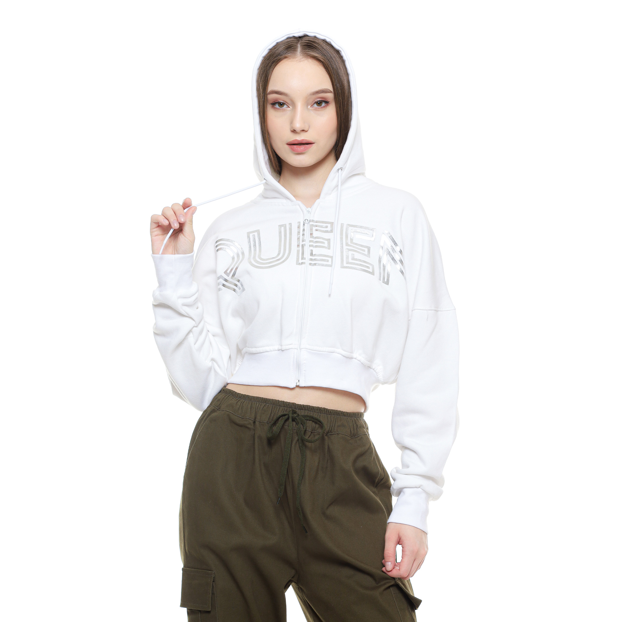 Enough For Today /KUIY,- Enough For Today - Sweater Crop Hoodie Zipper Bless A Queen Silver Putih