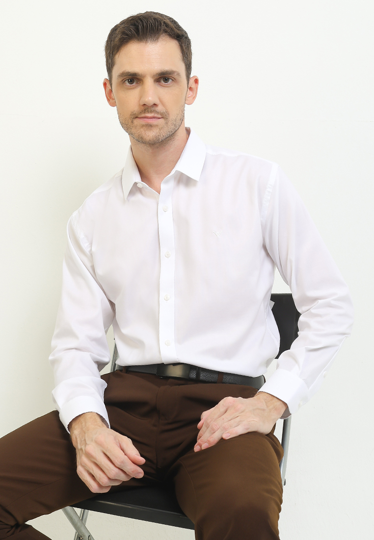 Ethan White Kemeja Lengan Panjang Slim Fit Plain Dumble Form - White Formal