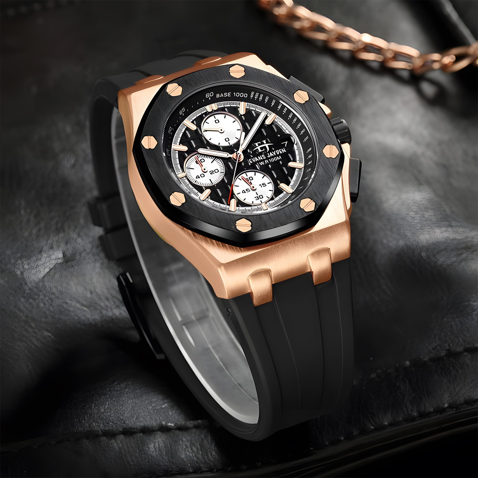 Evans Jayden - Jam Tangan Chronograph Pria - Black Rose Gold - Rubber Strap - EJ-9560-RG