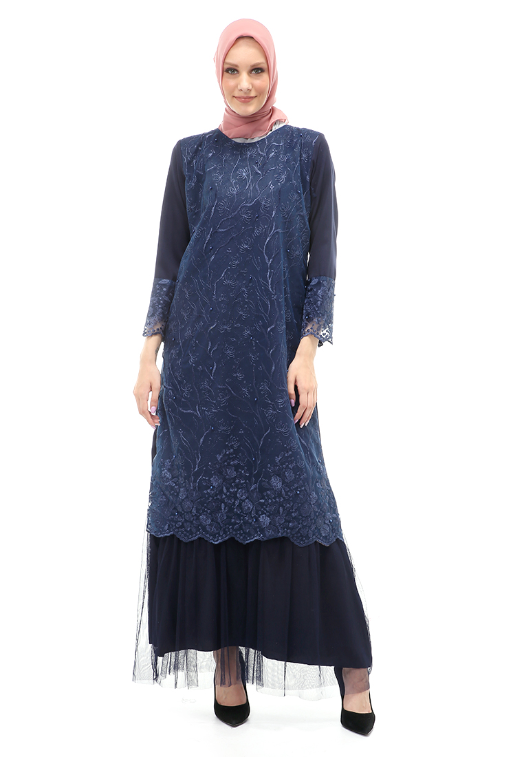 Evernoon Diana Gamis Brukat Wanita Muslimah Lapis Moscrepe Premium Quality - Navy