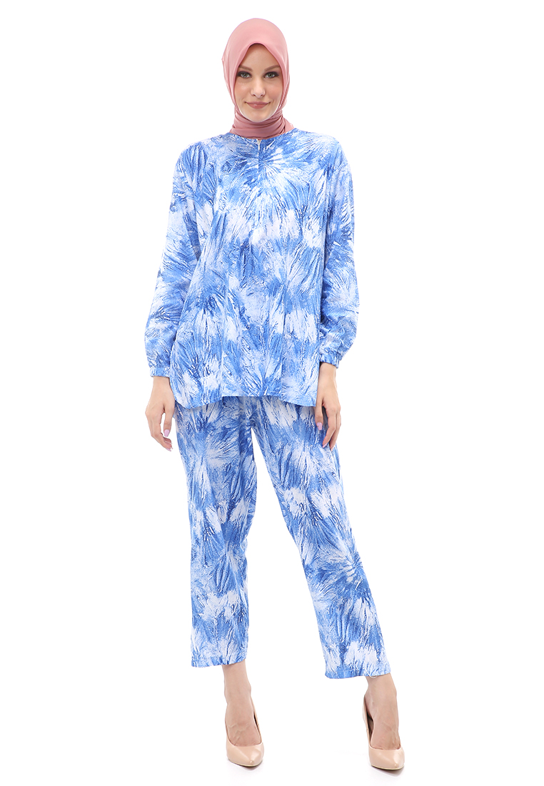 Evernoon Raisa Pajamas Tie Dye Set Atasan Bawahan Wanita Long Sleeve Relaxed Fit - Blue