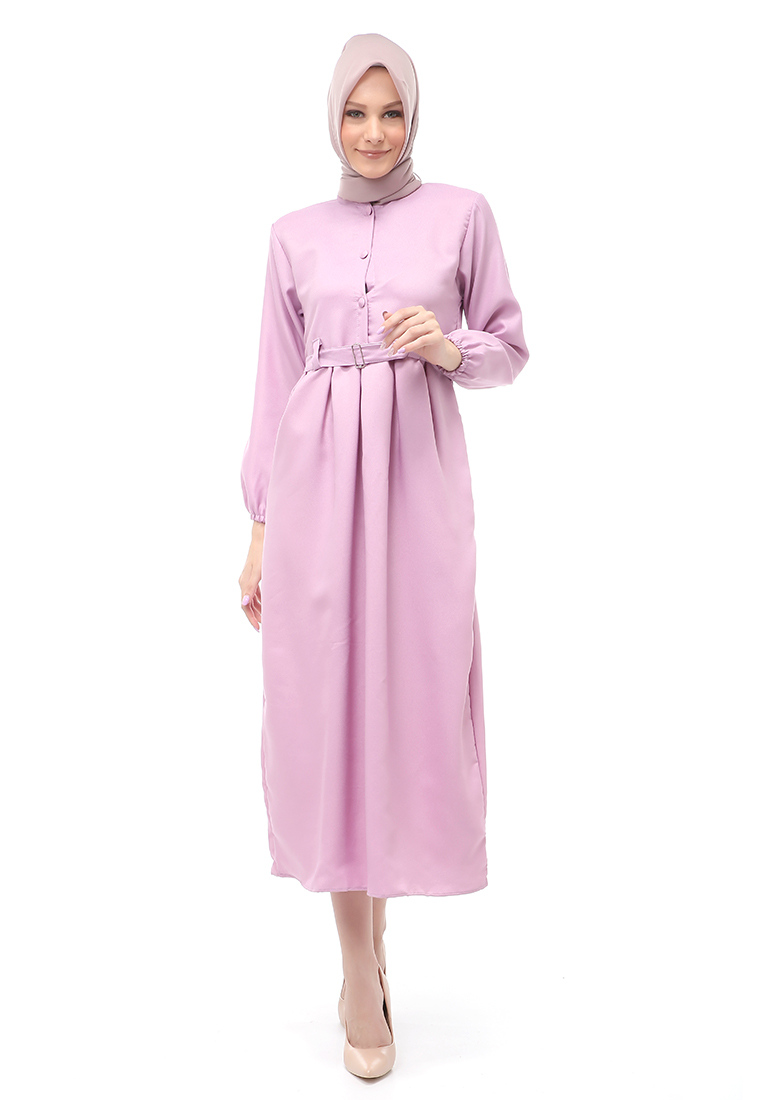 Evernoon Berliana Gamis Muslimah Wanita With Belt Motif Polos Long Sleeve Relaxed Fit - Ungu Lilac