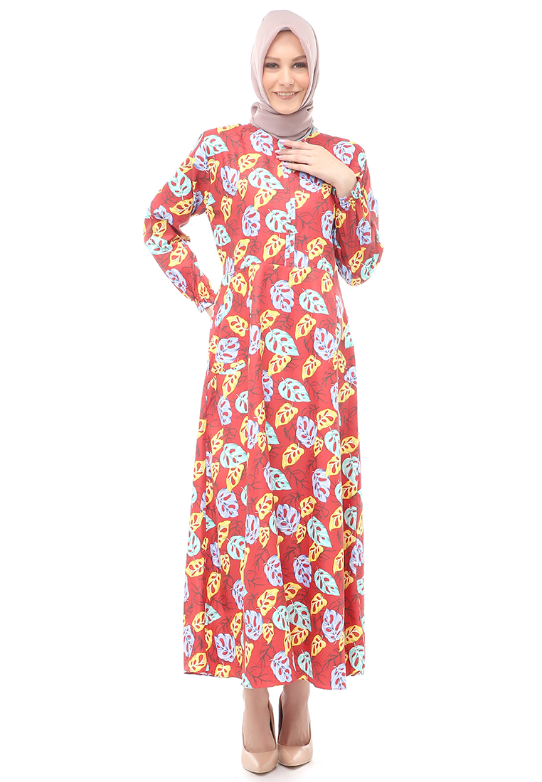 Evernoon Galuh Gamis Panjang Wanita Motif Daun Long Sleeve Regular Fit - Maroon