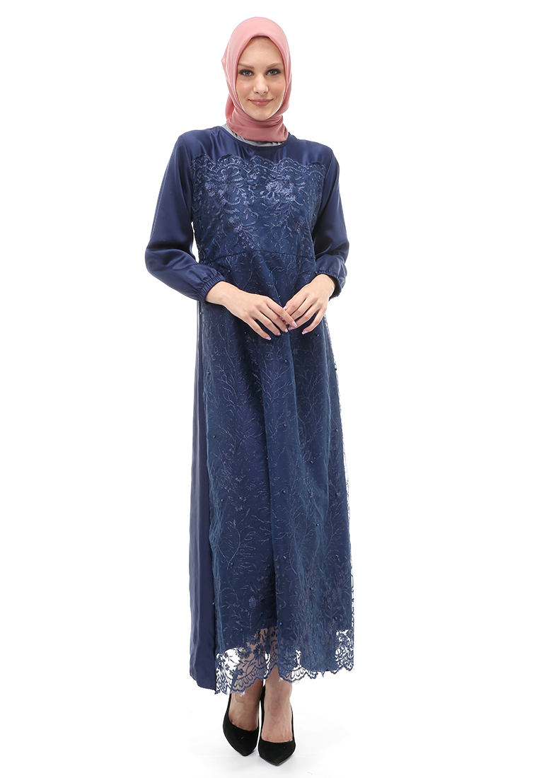 Evernoon Monita Gamis Brokat Tile Wanita Muslimah Regular Fit - Navy