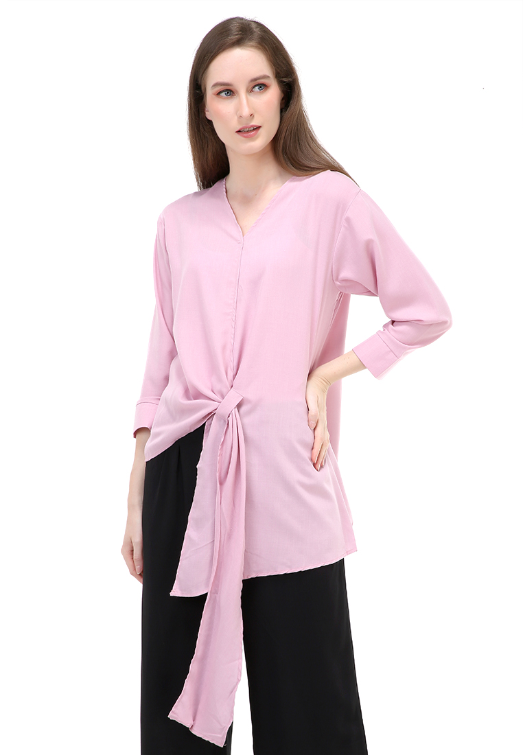 Evernoon Alena Blouse Long Sleeves Wanita Motif Polos Atasan Wanita Casual - Pink