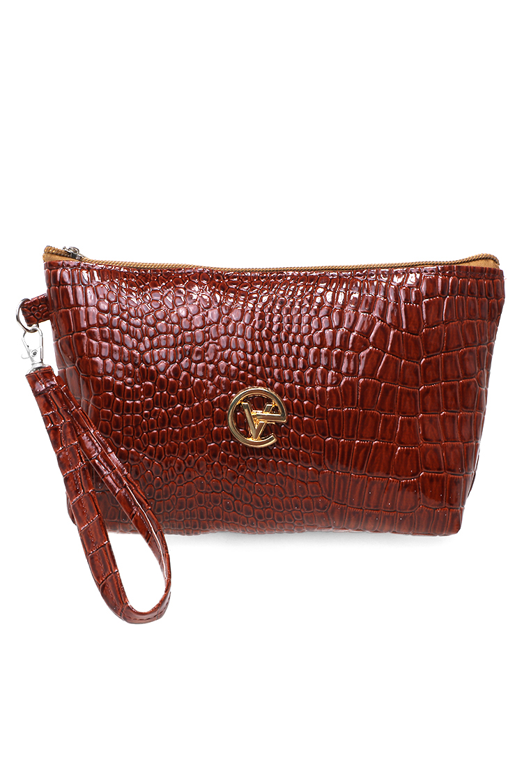 Evernoon Pouch Motif Croco Free Tali Tangan Design Elegant Dompet Wanita - Coklat