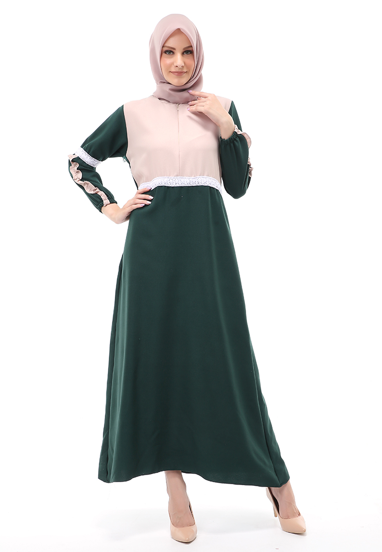 Evernoon Velicia Gamis Muslimah Wanita Motif Polos Long Sleeve Regular Fit - Hijau Botol