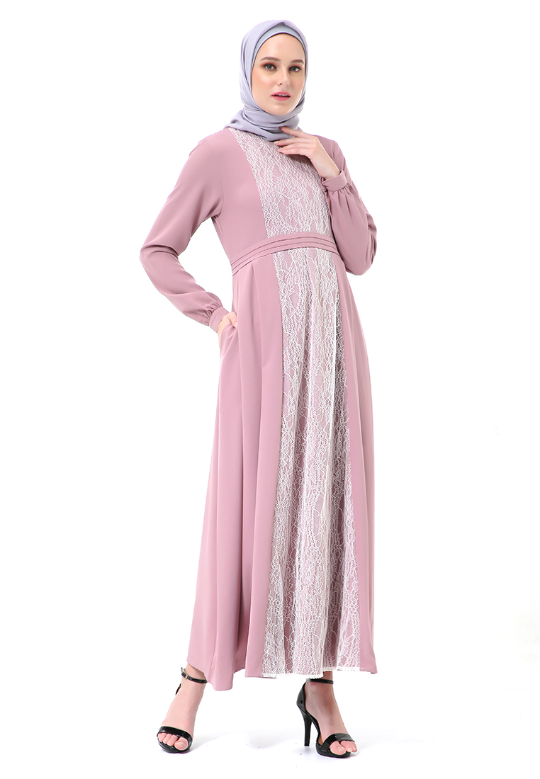 Evernoon Adinda Dress Muslimah Detail Brukat Lengan Panjang Regular Fit High Quality Premium - Peony