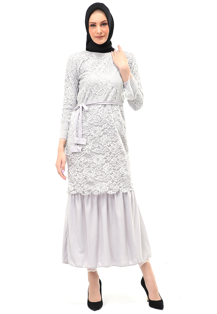 Evernoon Selena Gamis Muslimah Wanita Motif Brukat Long Sleeve Regular Fit - Abu