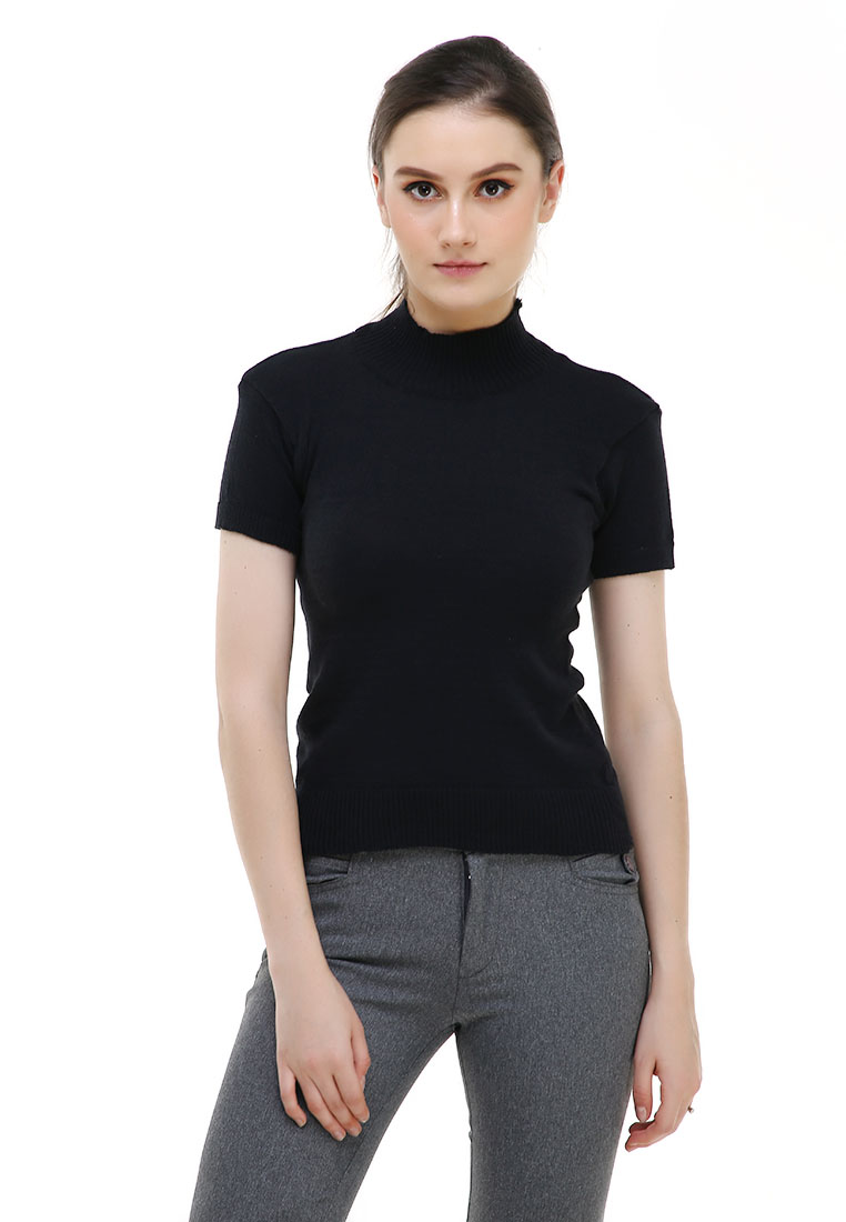 Evernoon Earl Tshirt Lengan Pendek Turtleneck Design Simple Atasan Wanita - Hitam